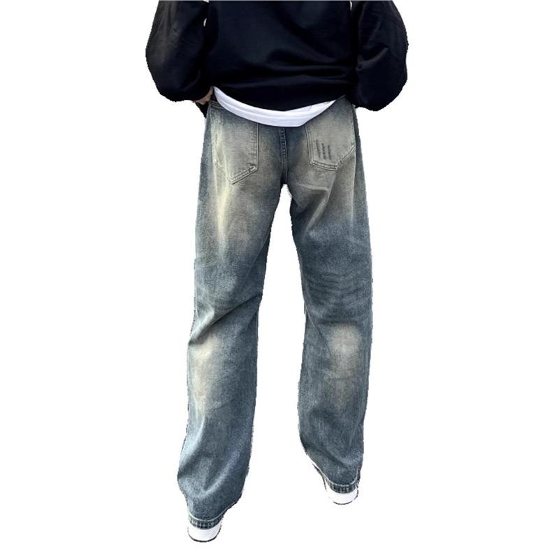 High Street American retro loose straight pants washed old ripped jeans men's ins trendy casual trousers