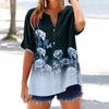 Women's loose printed stand collar short-sleeved cotton and linen top