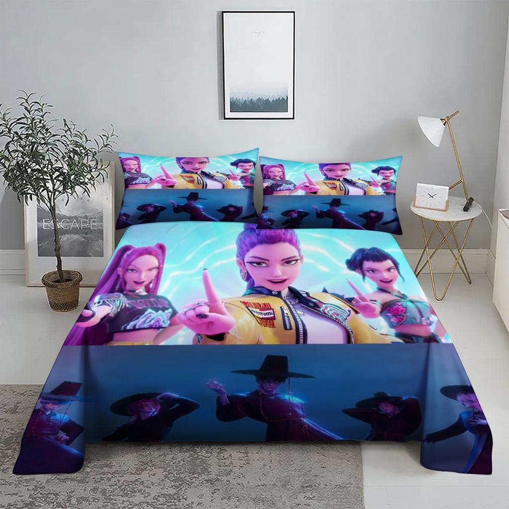 ZOEY RUMI ZIRA D-Demon Hunters K-pop Bed Sheet Set 3D Printed Bed Flat Sheet With Pillowcase Bed Linen King Queen Size