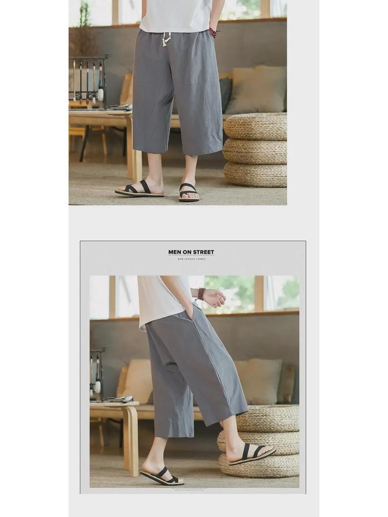 Men's Cropped Chinese Style Linen Shorts - Summer Wide-Leg 7-Point Casual Trousers