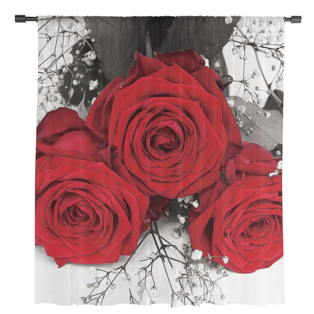 Red Rose Flower Vintage Sheer Curtains for Living Room Decoration Window Curtains for Kitchen Tulle Voile Organza Curtains