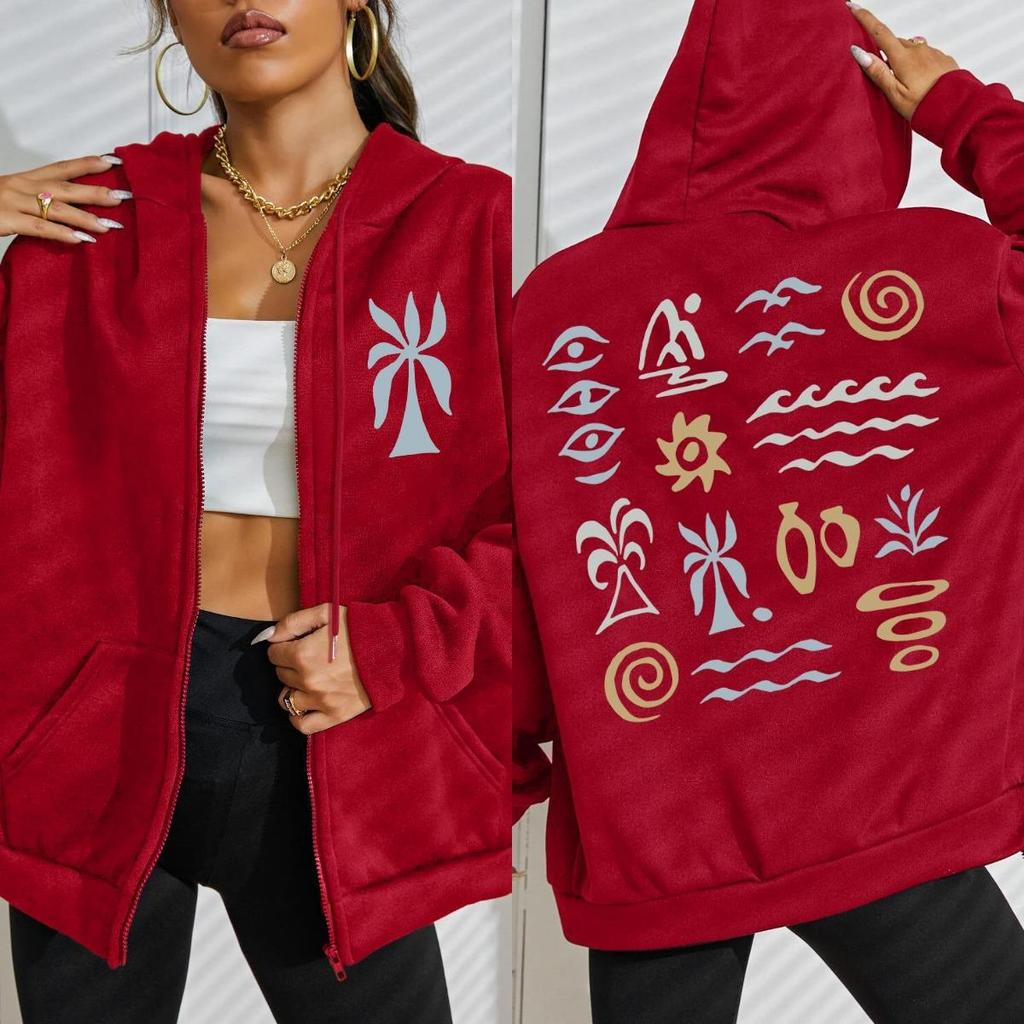 Sea Beach Coconut Tree Creative Printing Woman Zipper Hoodie Autumn Fleece Clothes Comfortable Hoody Women Streetwear
