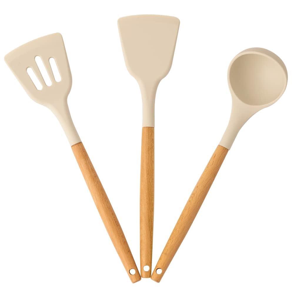 

Silicone Spatula Set of 3 Pcs for Kitchen Ideal for Non-Stick Cooking Pans Spatulas with Wooden Handle Spatula Turner Serving Cooking Spoon 32cm кремовый