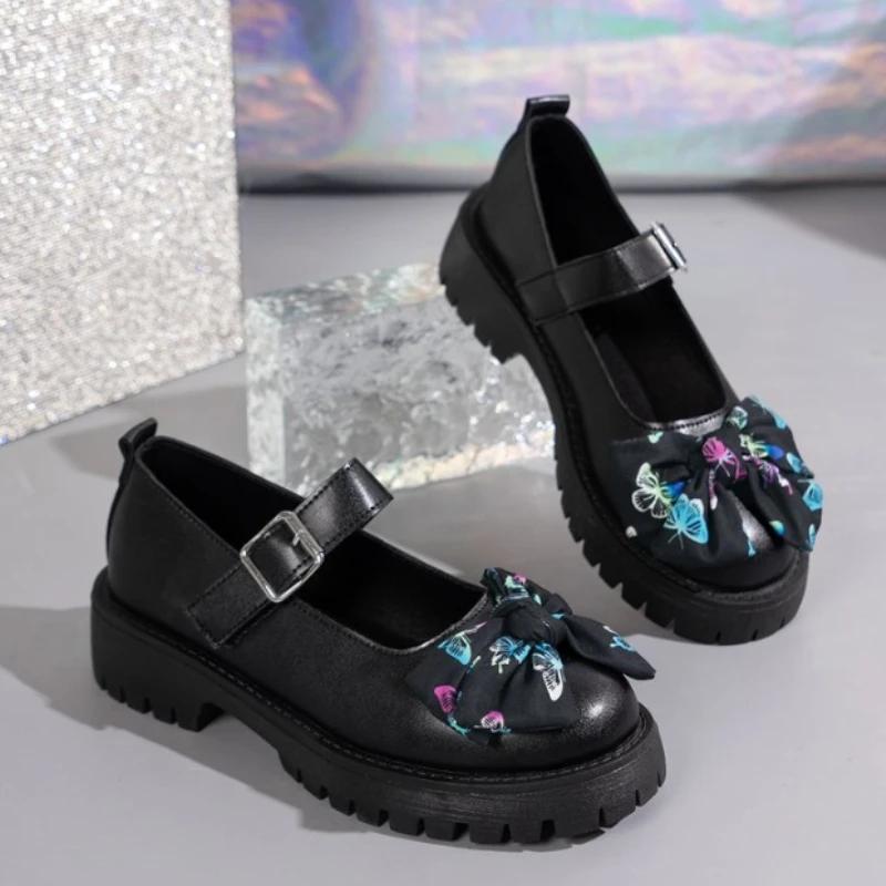 Fashion 2024 High Quality Shoes Female Round Toe Women's Pumps Autumn British Style Bow Buckle Dress Block Heel Large Size Shallow Shoes