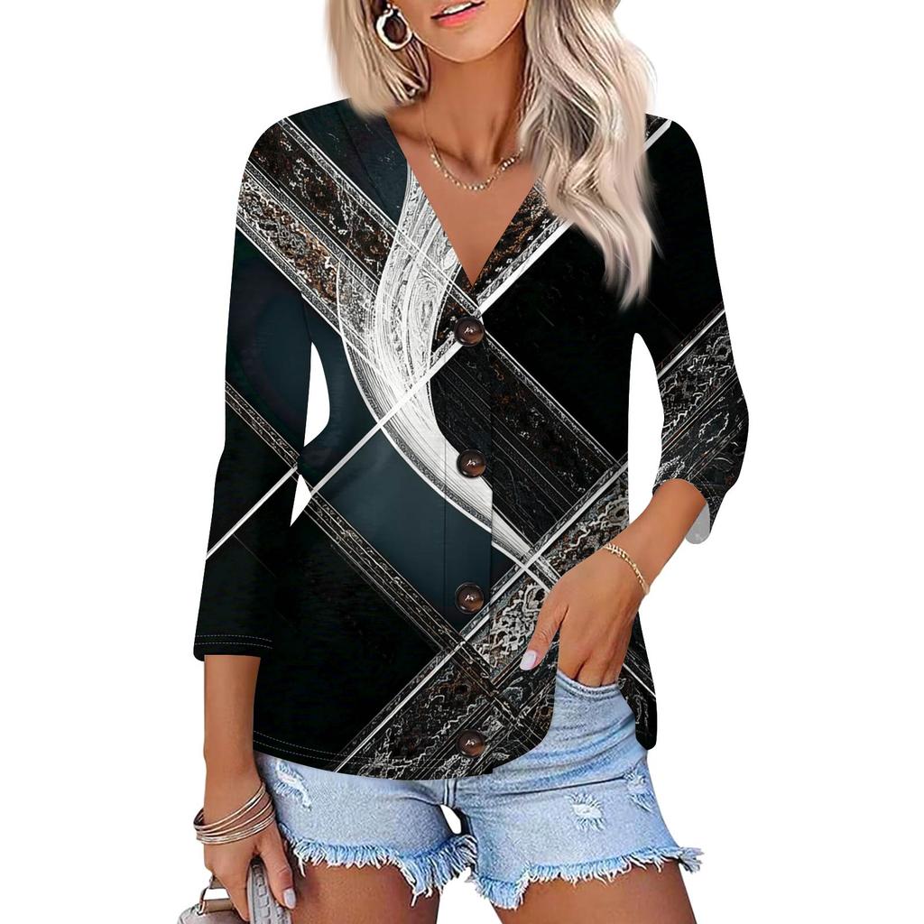 Women's Fashion Casual Print Button-down Shirt 3/4 Long Sleeve Tops