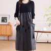 Women's long Sweater Dress Knitted Patchwork PU Leather A-Line Dress Plus Size Knitted Dress for Autumn and Winter ...