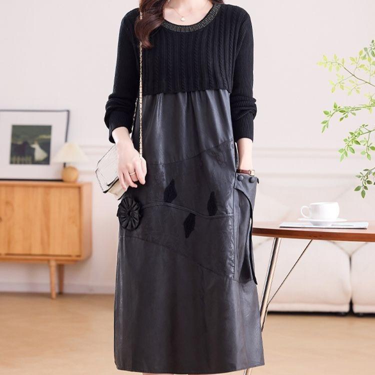 Women's long Sweater Dress Knitted Patchwork PU Leather A-Line Dress Plus Size Knitted Dress for Autumn and Winter ...