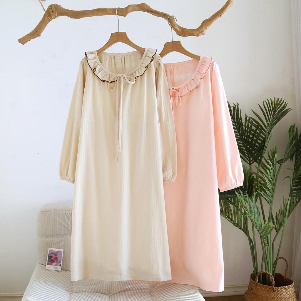 Women's Pure Cotton Gauze Nightgown with Built-in Bra, Round Neck, Lace, Versatile for Home or Outdoor Wear