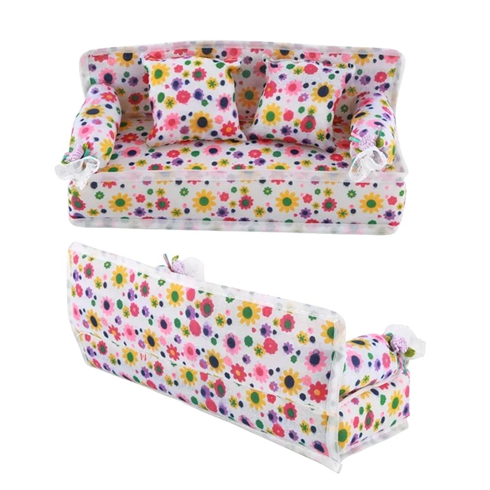 1 Set Mini Puppensofa Plüsch Stoffmöbel Blume Spielzeug Kissen Baby Couch Druck Spielzeug Zubehör R3J4