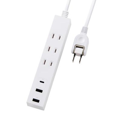 Power Strip, USB Outlet, 15W, 3 AC Outlets, 2 USB-A Outlets, 1 USB-C Outlet, 3m, Polarized Plug Compatible (N-Pole), White, ECT-38-3A2C30WH