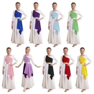 Kids Girls Liturgical Praise Dance Dress Color Block Sleeveless Asymmetrical Contemporary Dance Costume Tunic