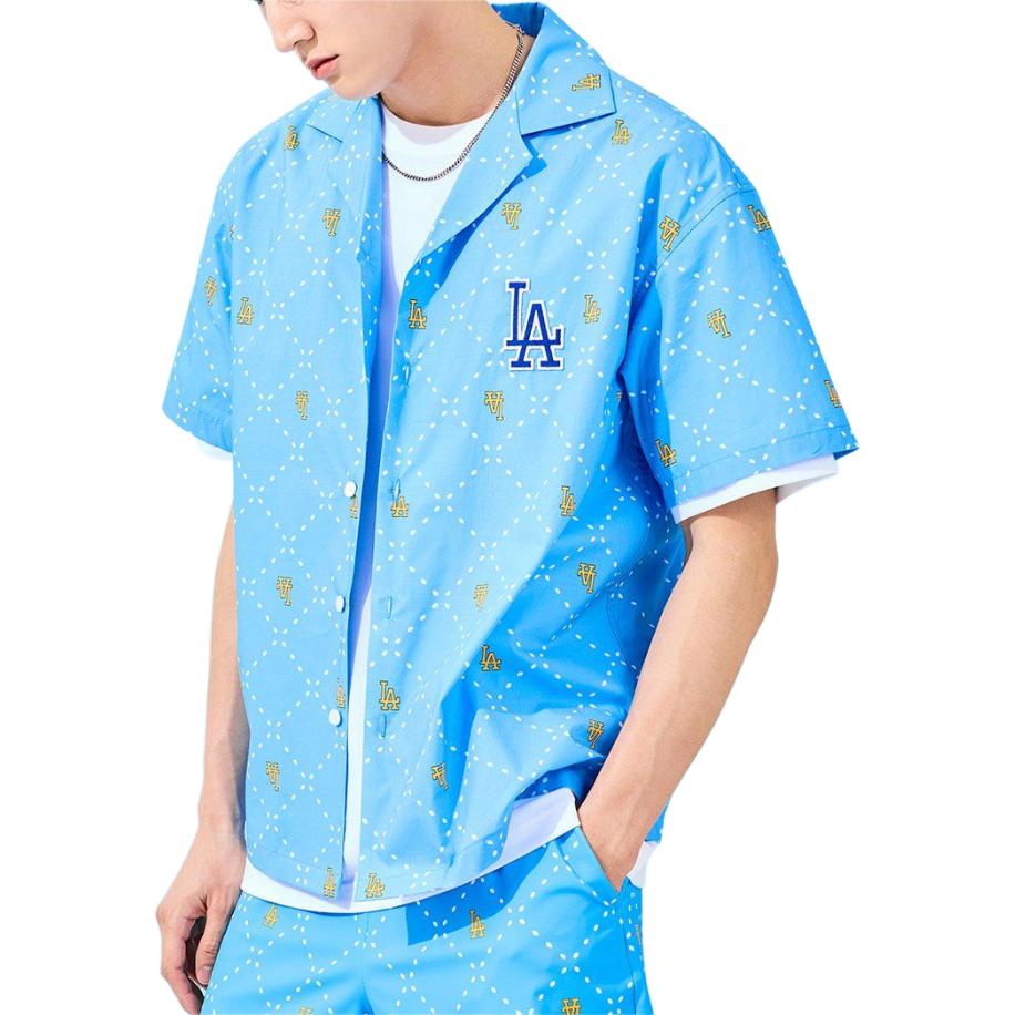 MLB Los Angeles Dodgers Common Mega Diamond Monogram Letter Pattern Printed Button-Up Short Sleeve Shirt Women Shirts Blue 3AWSM0533-07SBS
