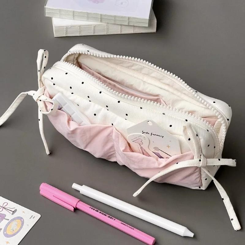 Trousse à crayons simple et de niche à pois blancs comme neige, grande capacité, boîte à crayons étudiante, sacs de rangement pour maquillage, papeterie