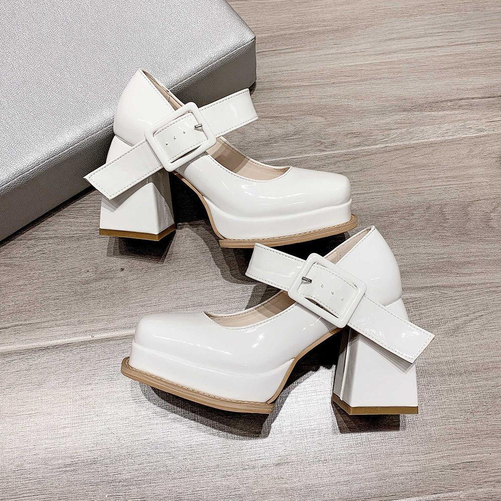 Platforma Jehlové podpatky Mary Janes Boty Boty Lakovaná kůže Robustní přezka se čtvercovou špičkou Goth Ženy Lodičky Boty na podpatku