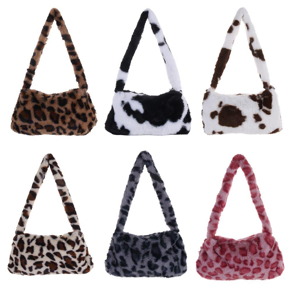 Fashion Soft Faux Fur Plush Underarm Handbag Cow Print Leopard Print Mini Shoulder Bag Faux Fur Purse
