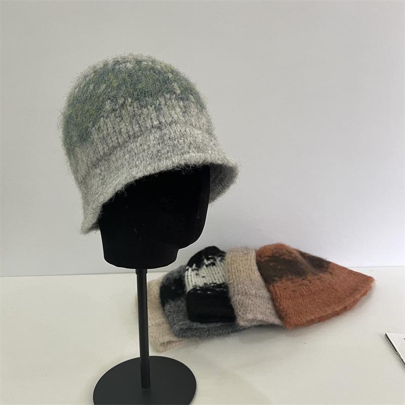 

Retro jacquard knitted wool hat women s autumn and winter warm face bucket hat plain face small bucket hat M（56-58cm） темно-сірий