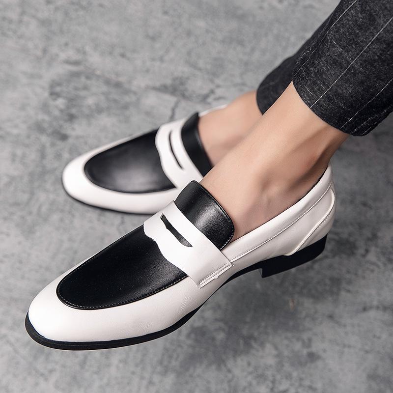 New men's low-top office dress leather shoes men's large size black and white color matching leather shoes one foot loafers