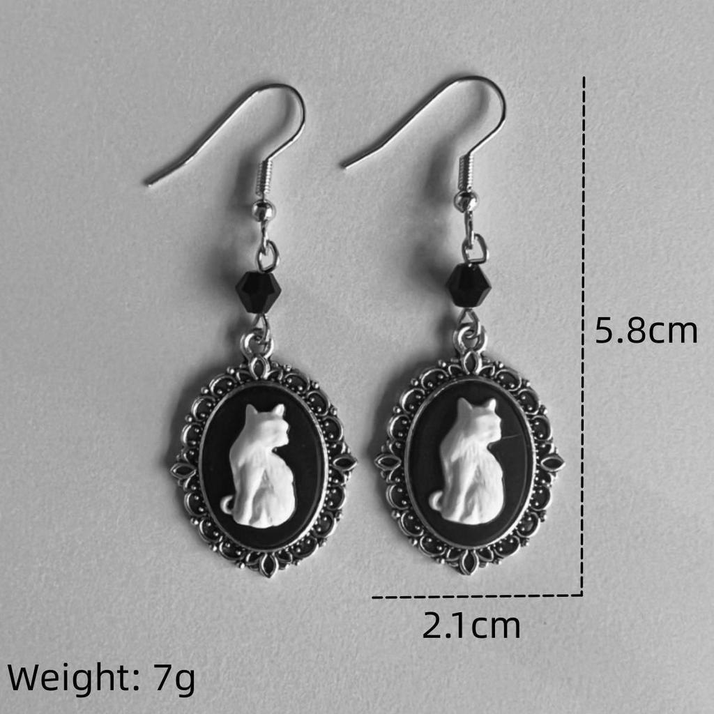 Gothic Black Cat Silver Frame Earrings with Black Beads