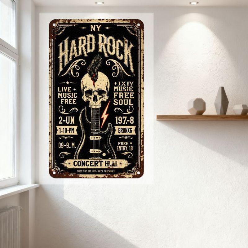 Vintage NY Hard Rock Concert Metal Tin Sign, Skull Feather Guitar Lightning Bolt Decor, Live Music Free Soul 09-9PM 197-8 BRONX6