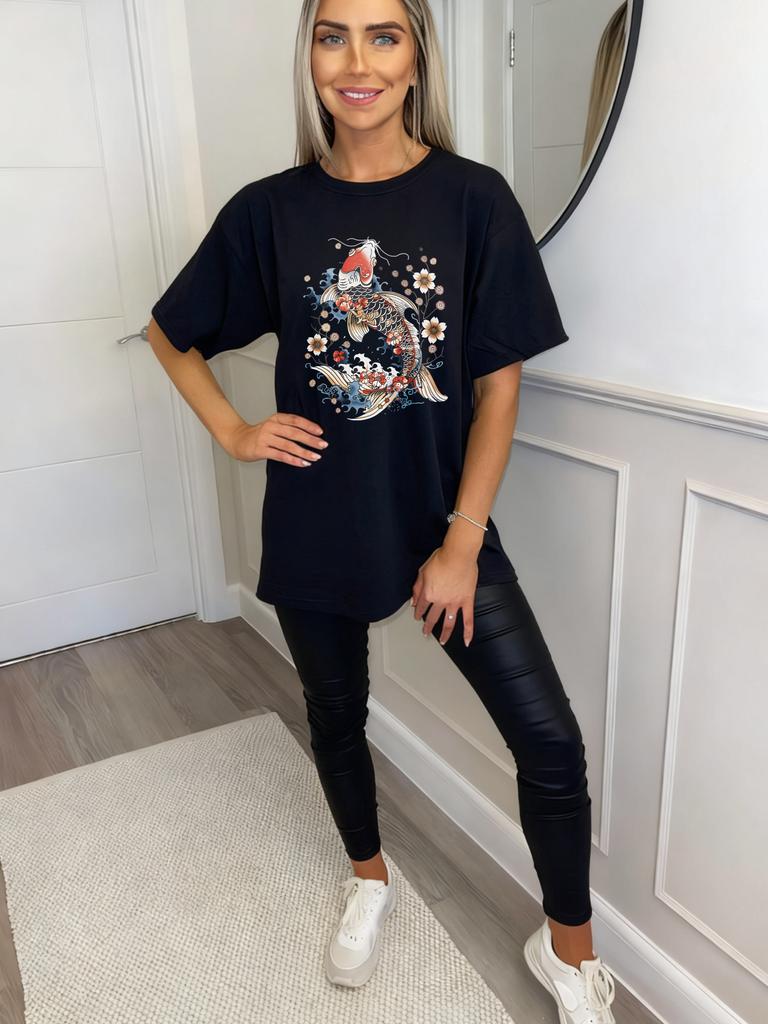 Black Oversized T Shirt With Koi Fish And Flowers Print For Casual Wear