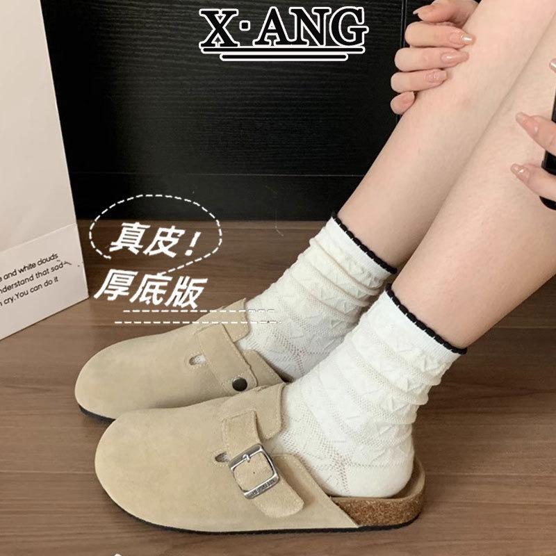 Full Cowhide Cork Bottom Bag Head and Half Slippers Women's Outer Wear Spring and Summer New One-pedal Lazy Shoes