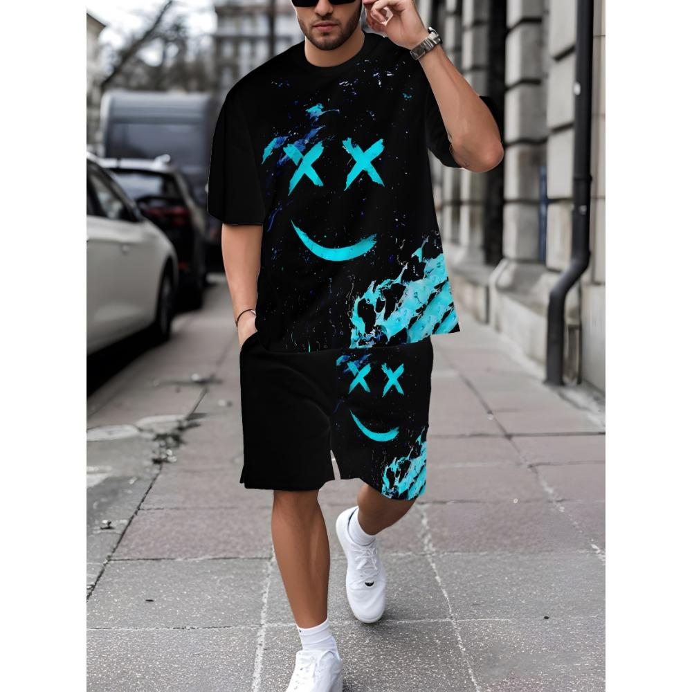 Summer Men's Fashion Casual Sports Set Loose-Fit Trendy Doll Graffiti Print Crew Neck Short Sleeve Two-Piece Set with Shorts