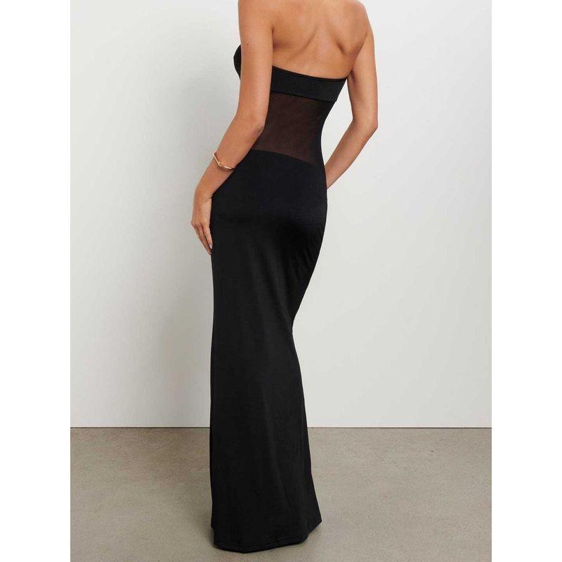 Outfitgirl Elegant Sexy Women's Black See-through Mesh Patchwork Party Tube Top Tight S-Curve Dress