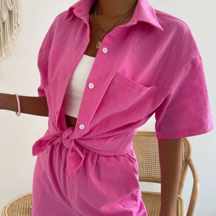 Women's Suit Short Sleeve Casual Elegant Green Soild Two Piece Set Women Outfit Shirt for Women
