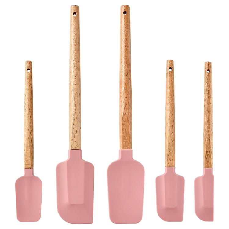 

5Pcs Food Grade Silicone Spatulas with Wooden Handle Spoonula Jar Scrapers Set for Baking Cakes Cookie and Pastries 1