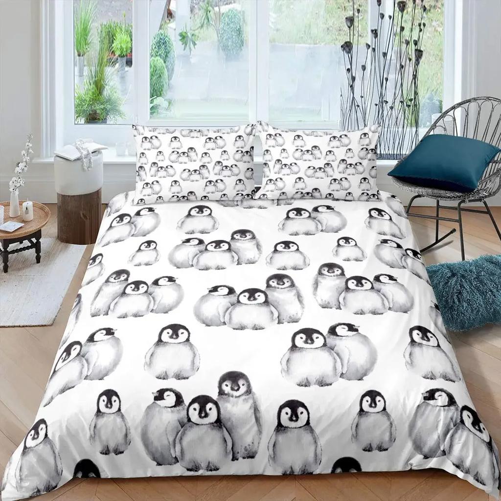 Penguin Duvet Cover Set Antarctic Animals Bedding Set for Kids Boys Girls Cartoon Style King Size Winter Theme Comforter Cover