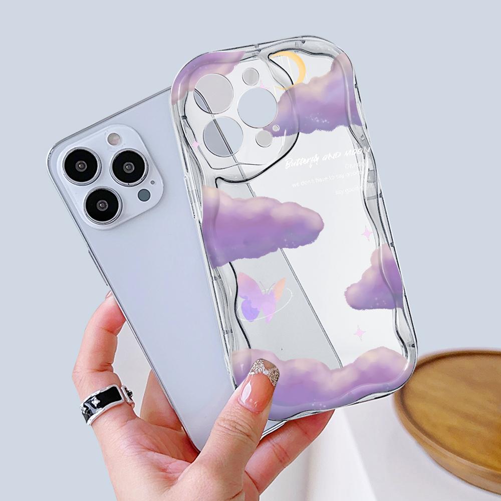 For iPhone 16 15 14 13 12 Samsung S24 S23 S22 A06 A13 A14 A15 A16 A55 Redmi Note 13 12 Purple Butterfly Cloud Pattern Soft TPU Phone Case