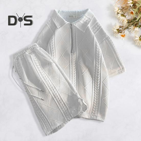 

Мужской комплект спортивной одежды из 2 шт./компл., футболка с короткими рукавами и застежкой-молнией с лацканами и широкими шортами на эластичной талии, комплект однотонного наряда