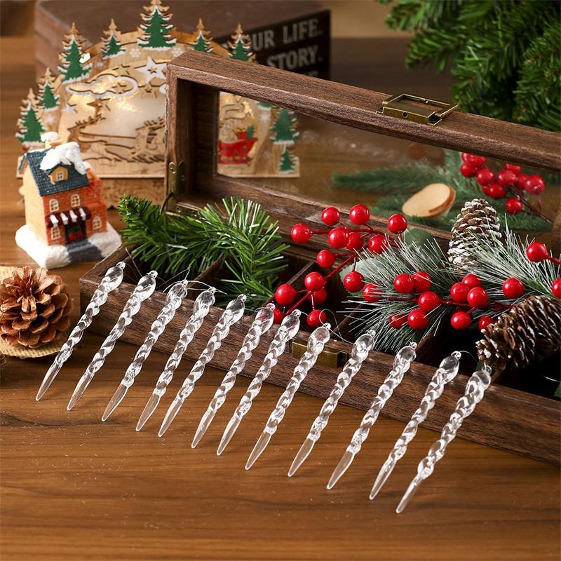 12pcs Crystal Clear Christmas Tree Ornaments Icicle Decorations For Holiday & Winter Party Decor Holiday Decorations