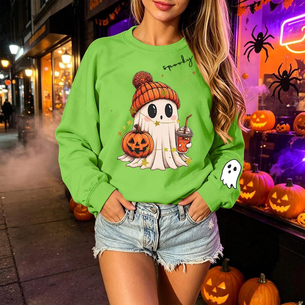 Unisex Lightweight Long Sleeve Neck Pullover Sweatshirt with Halloween Print