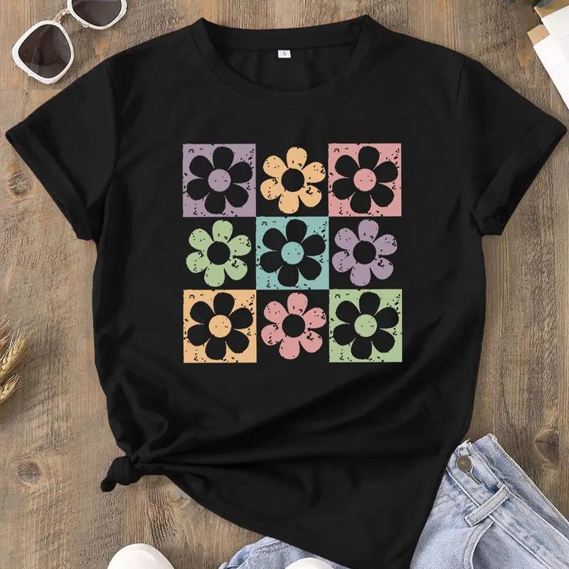 

Женская летняя футболка Ретро мода Футболки с коротким рукавом Повседневные топы с цветочным принтом 8XL чёрный