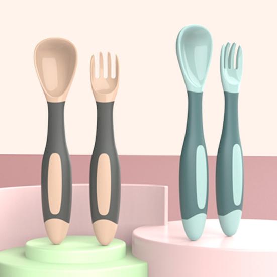 Set da 2 Pezzi Stoviglie per Bambini Design Flessibile Utensili Portatili Cucchiaino Ausiliario per Alimentazione Toddler