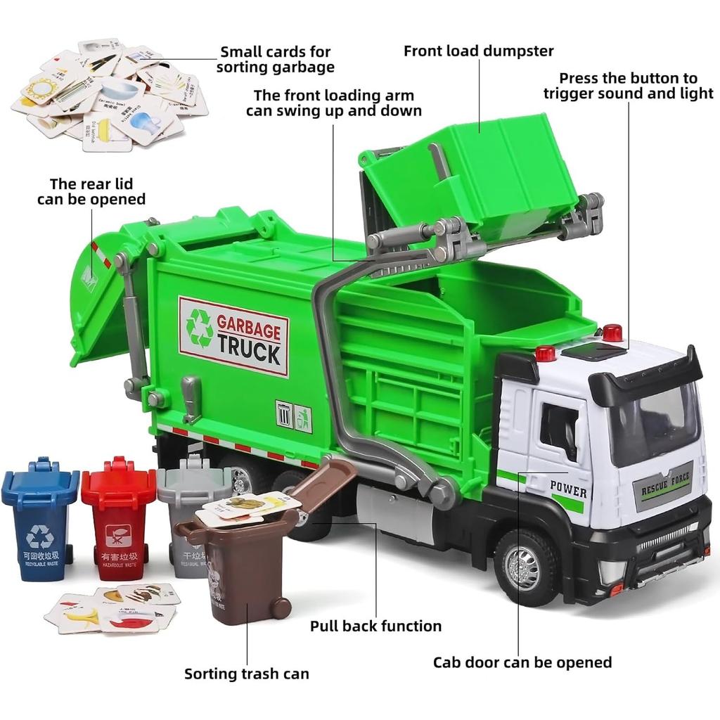 Garbage Truck Toys,Metal Diecast Cab,Pull Back with Lights and Sounds,Recycling Truck Toy with Trash Cans and Bins,Garbage Trucks for Boys Age 4-7