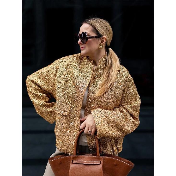 Women's Sequined Bomber Jacket Fall O Neck Long Sleeve Pocket Stretch Hem Sequins Jacket Coat Female Chic Outerwear