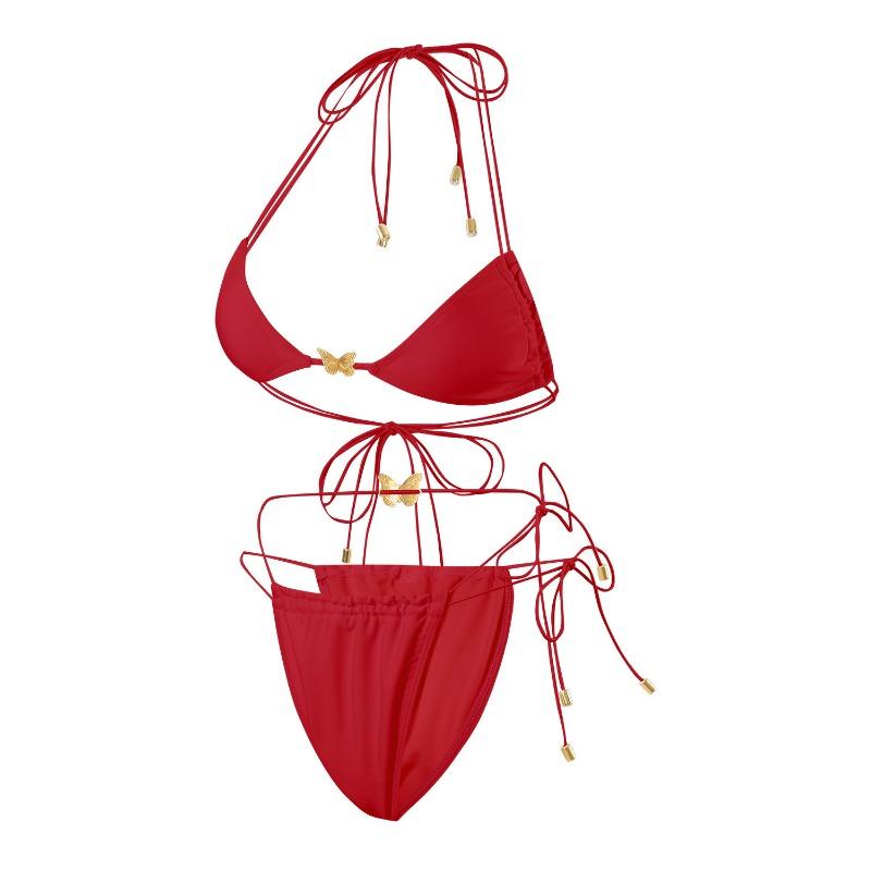 Costum de baie bikini triunghiular sexy pentru femei, culoare solidă, cu șireturi, două piese