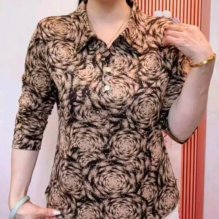 

Spring 2026 Lapel Print Loose-Fit Mom Style Slimming T-Shirt Top 4XL (for 67.5-75 kg) светло-серый