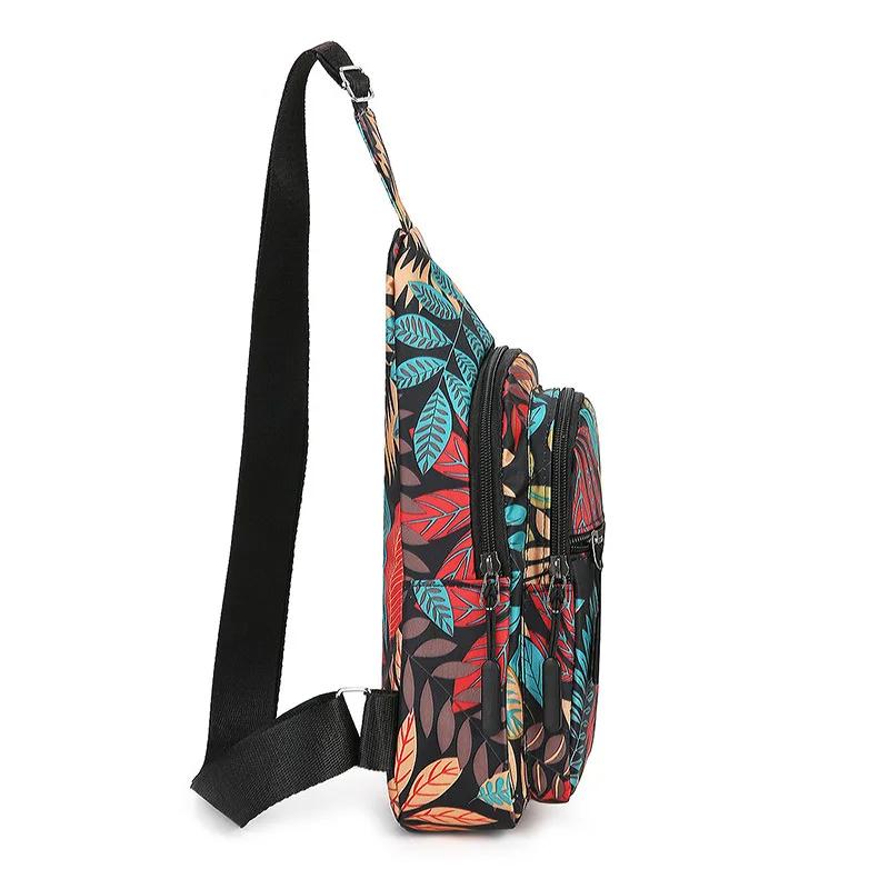 Bunte Blätterprint Sling Crossbody Tasche, Mehrschichtige Damen Brusttasche, Stilvolle Nylon Schultertasche mit Verstellbarem Schultergurt