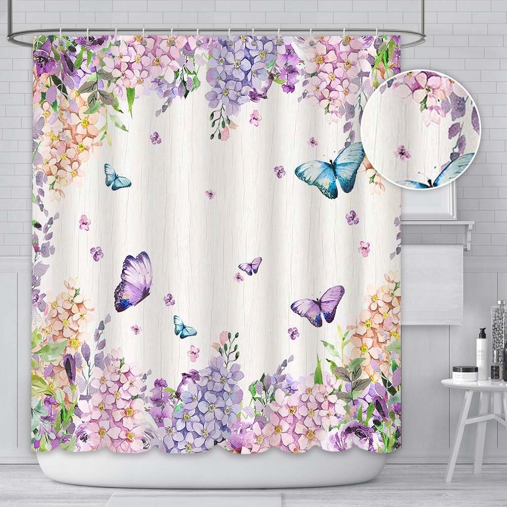 Baifenbai Home Furnishing Light Colorful Butterfly Watercolor Flower Shower Curtain Waterproof Bathroom Decorative Shower Curtain 180X 180Cm With 12 Hooks