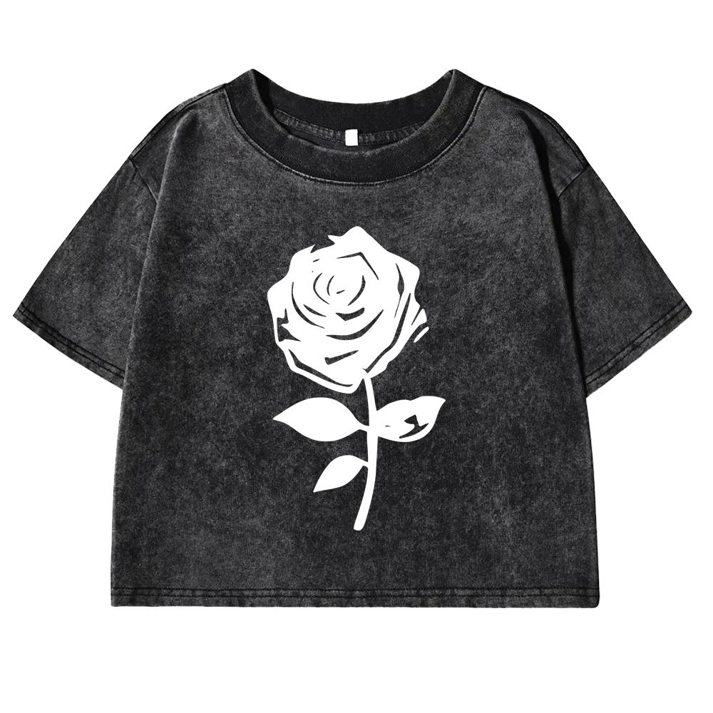 Simple Black And White Rose Print Women Retro Tee Washed Soft Short Sleeve Fitness Summer Streetwear New T Shirts