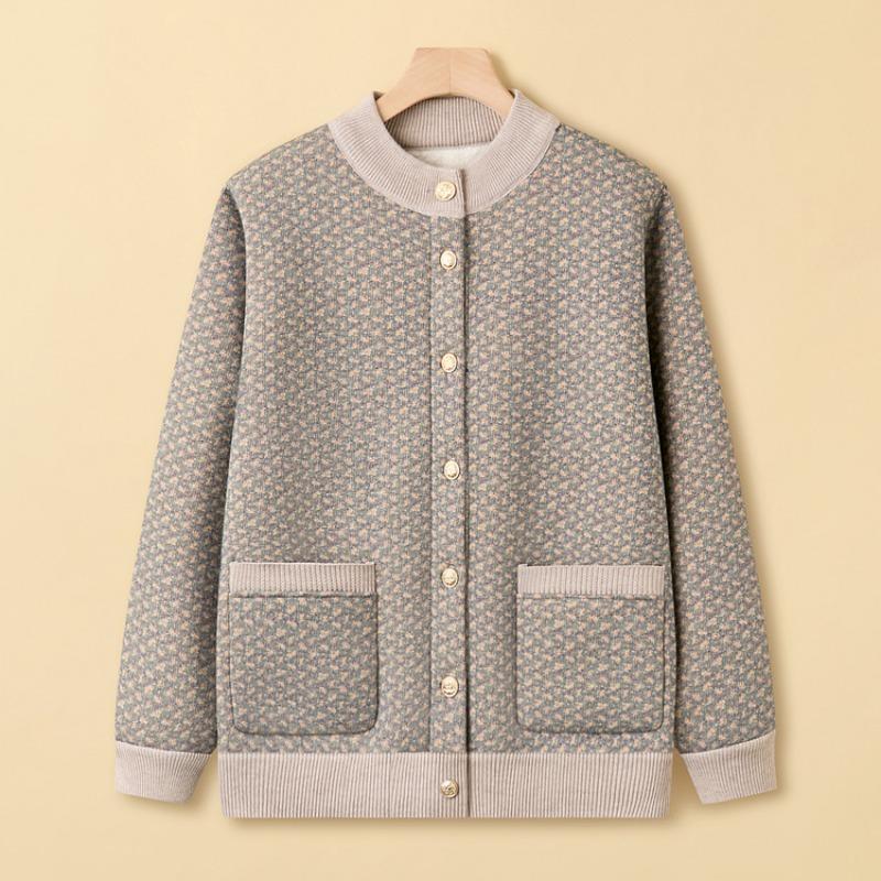 Mother Wife Autumn and Winter Clothes Fleece Clothes Year 0 Grandma Cardigan Jacket Middle Elderly Sweater Jacket