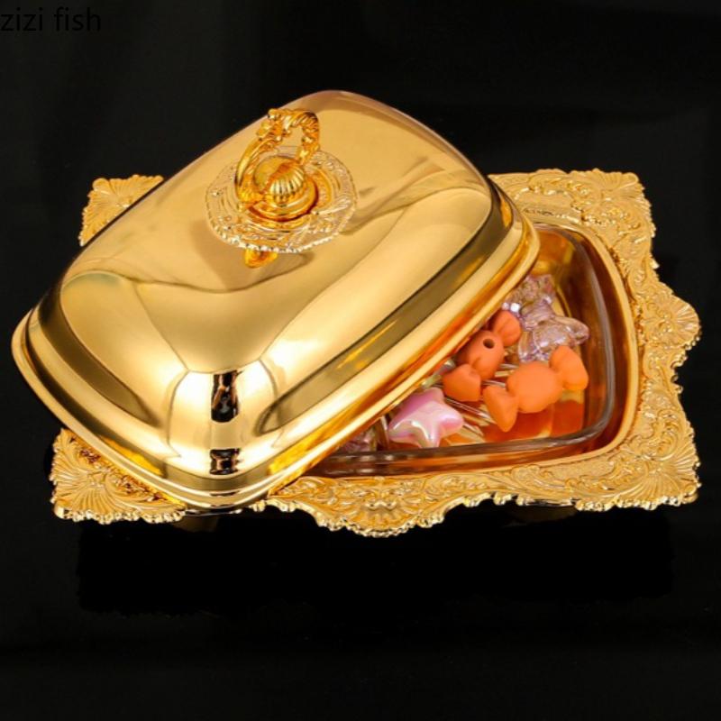 Golden Alloy Butter Box Glass Dessert Plate Butter Dish with Lid Fruit Plate Salad Bowl Cheese Dish Dim Sum Dishes Cake Tray