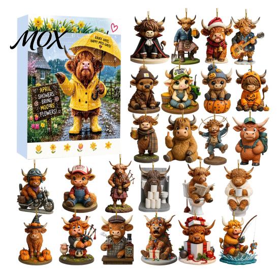 Acrylic Holiday Tree Decorations 2026 Highland Cow Advent Calendar, 2D Flat Festive Collectible Pendants Ornaments, 24 Days Christmas Countdown