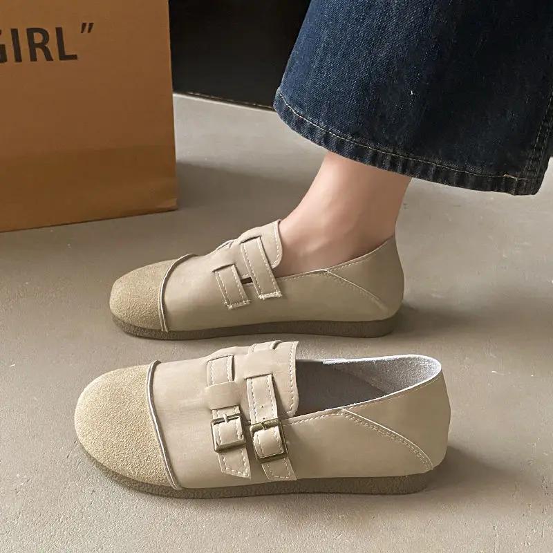 Fashion Ladies Footwear Moccasins Round Toe Office With Heel Beige Genuine Mark Popular High Quality Fashion Vacation Women's Flat Shoes