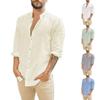 European and American Men's Linen Cardigan Solid Color Casual Stand-up Collar Long-sleeved Shirt