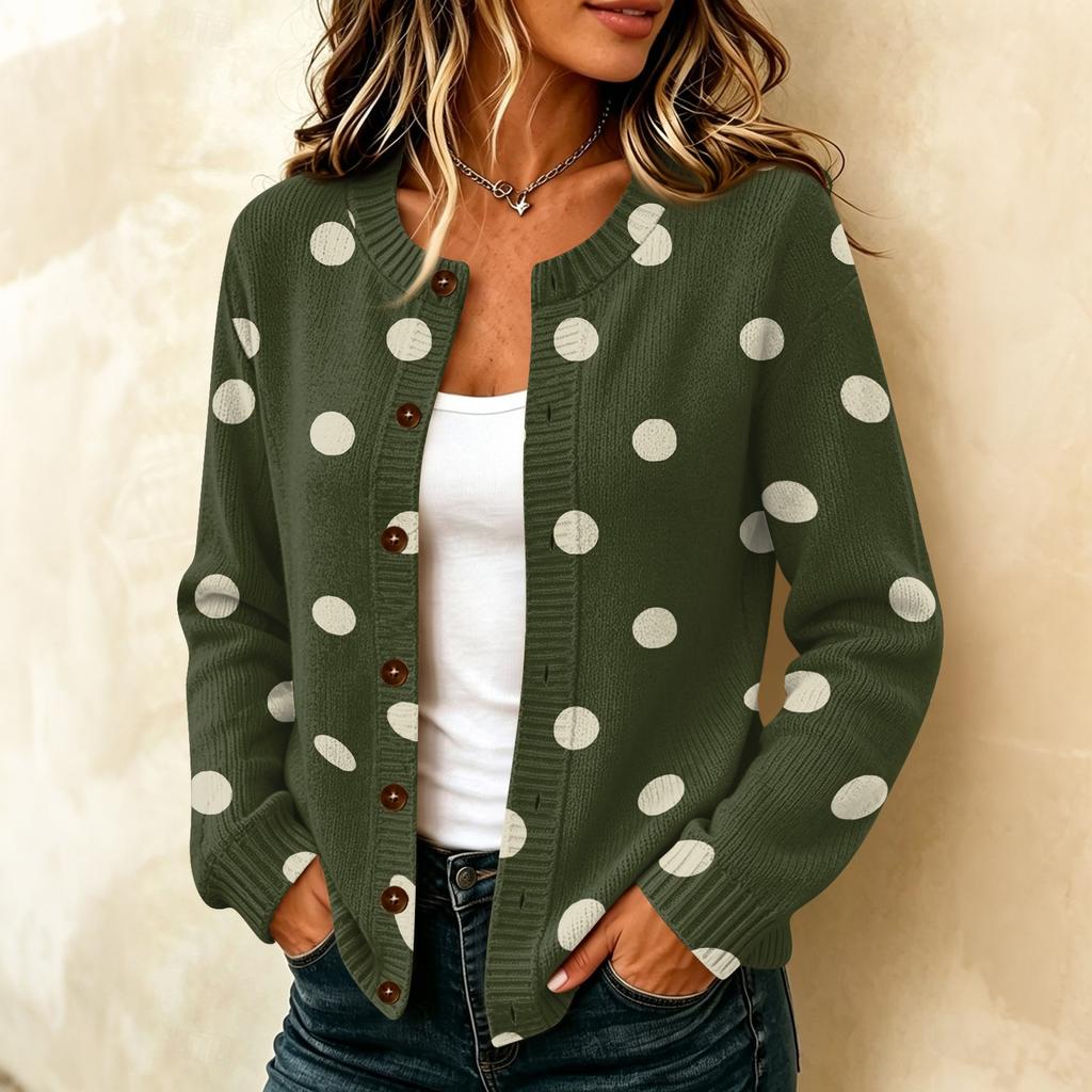 Cardigan de Tricô Casual Feminino com Estampa de Bolinhas, Manga Longa, Fechamento Frontal com Botões, Casaco Suéter para Outono