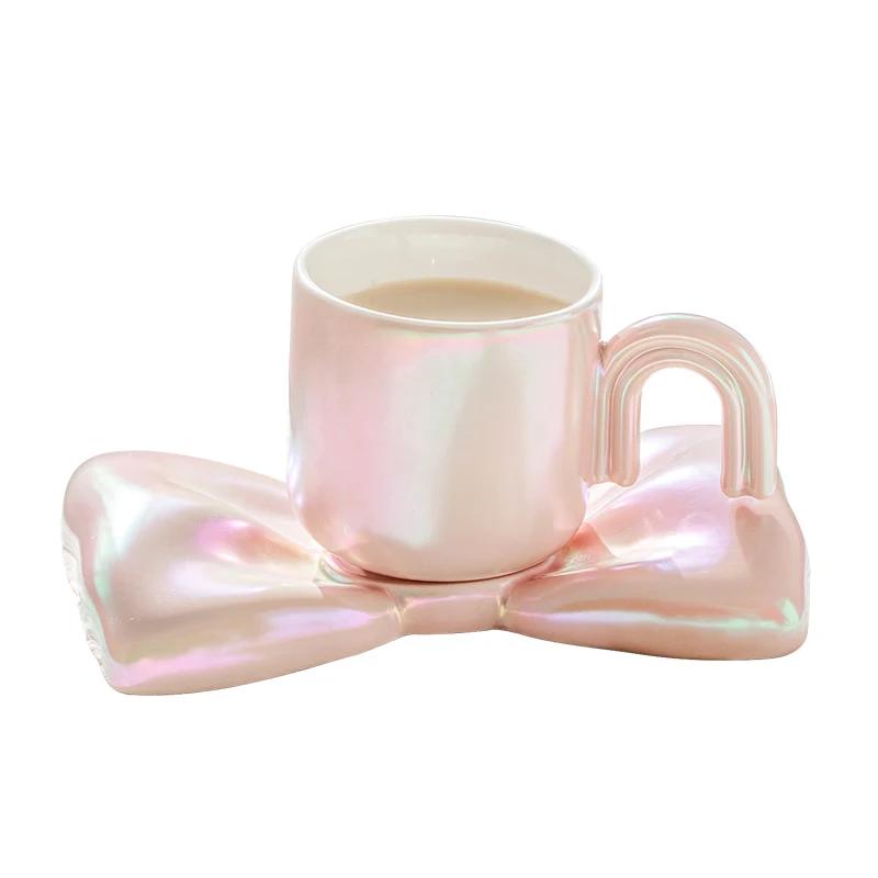Bow Knot Coffee Cup Saucer Set Light Luxury Ceramic Mug Couple Afternoon Tea Coffee Cup Nordic Home Breakfast Milk Cup Gifts